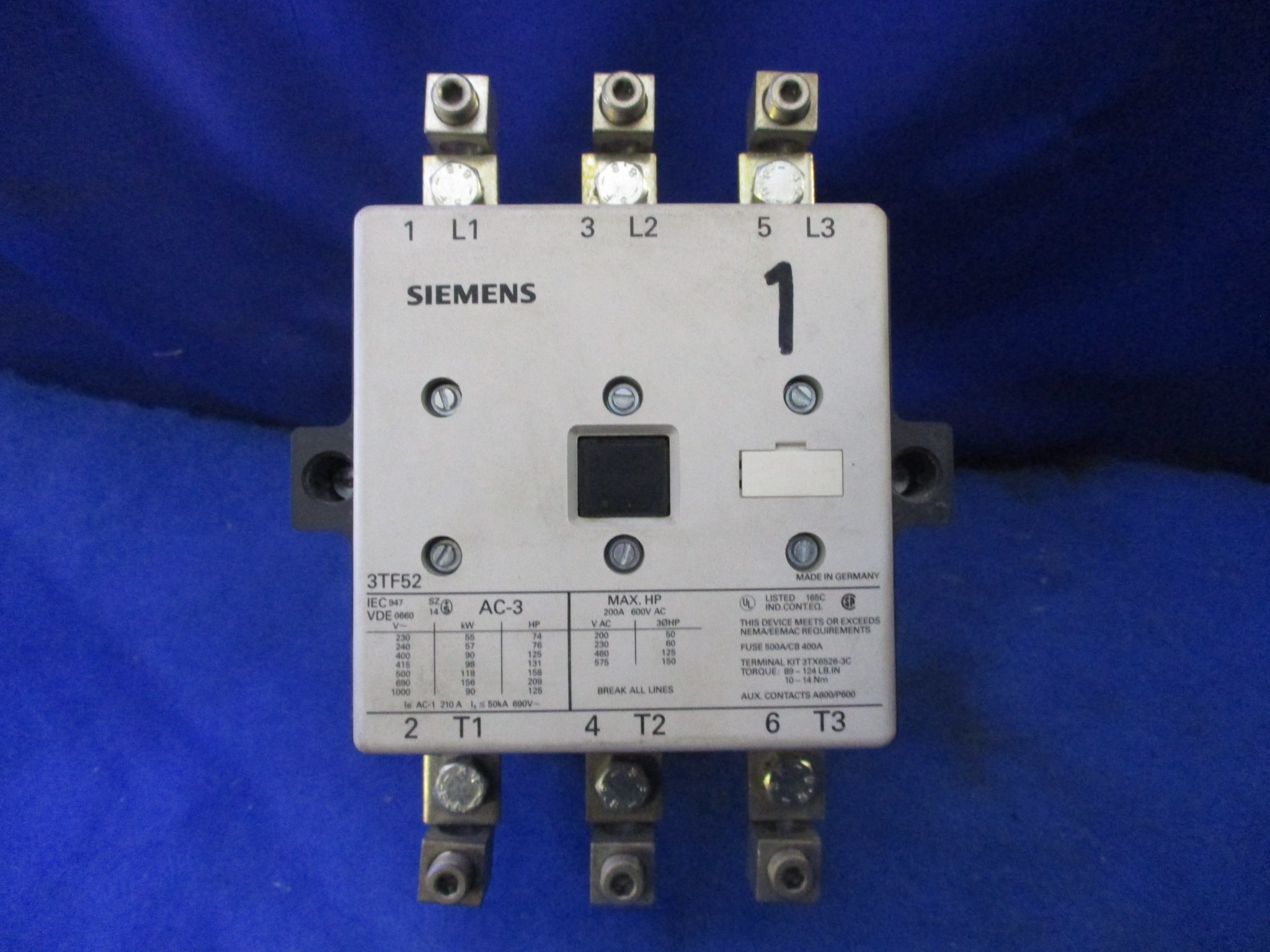 600VAC 150HP Siemens 3TF52 Contactor 200A 