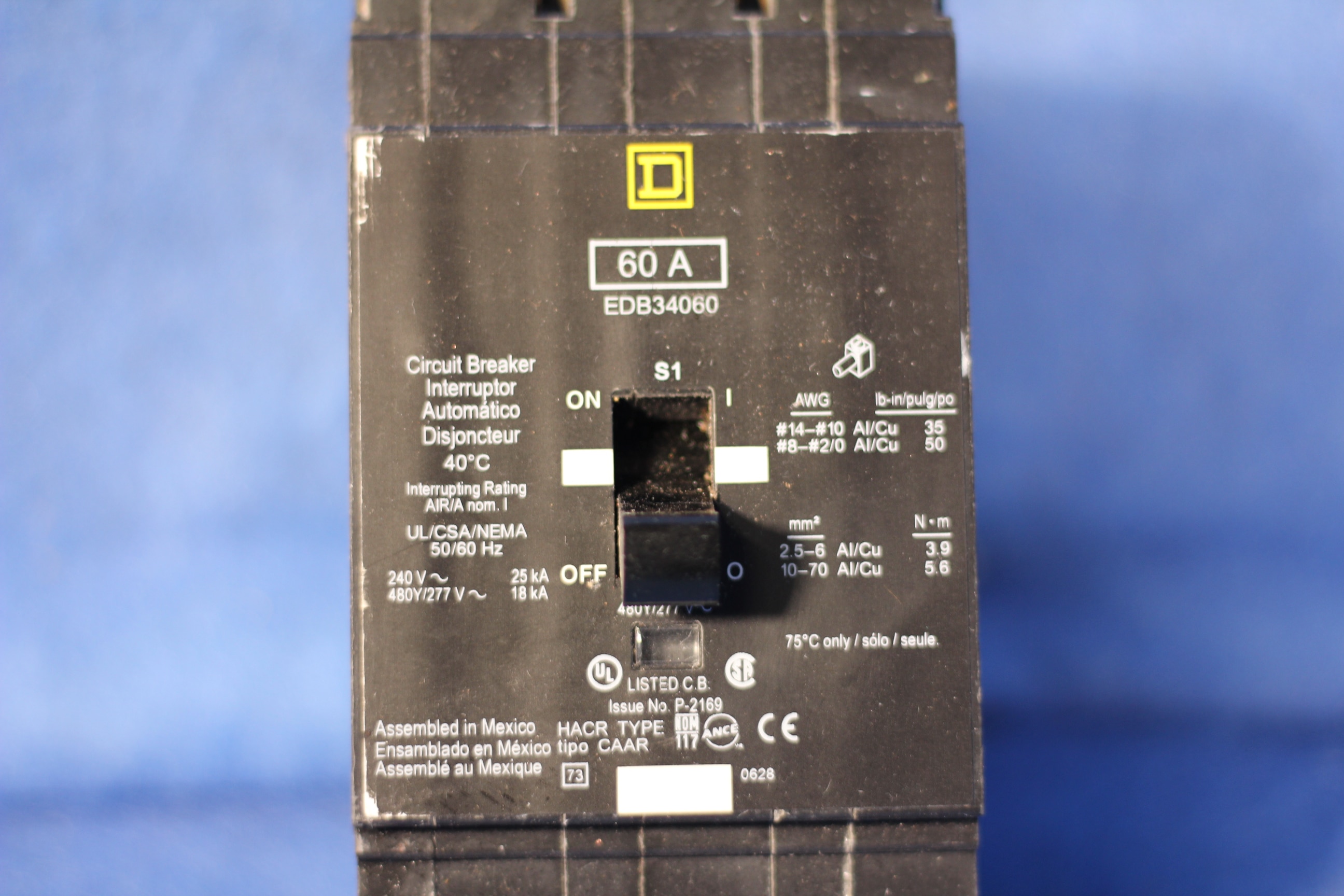 Details about   Square D EDB34060 3-Pole 60 Amp Circuit Breaker 480/277 18KA 