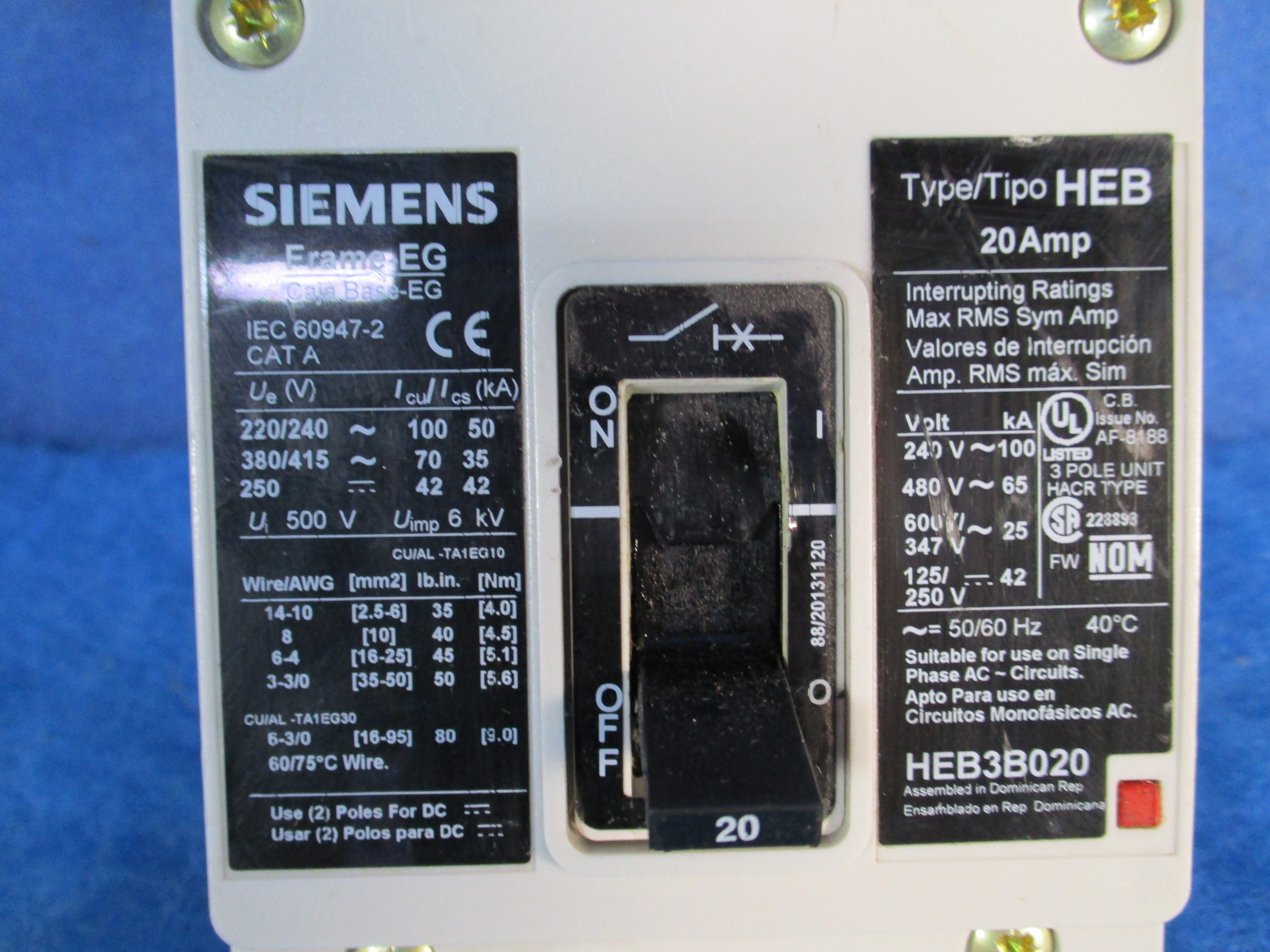 3 POLE 480 VOLT Circuit Breaker- WARRANTY Siemens / ITE HED43B020 20 AMP