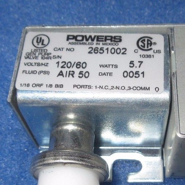 Powers 2651002 Pneumatic Solenoid Valve 120v-ac 50psi 