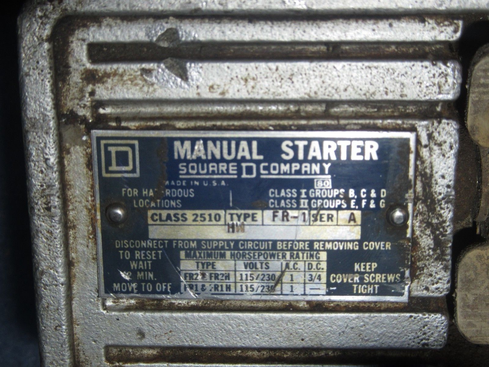 Square D Manual Motor Starting Switch 2510 FR1 