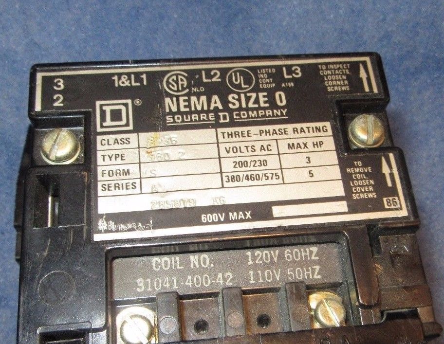 2 hp max 3 phase NEMA size 00 SQUARE D Motor Starter class 8536 