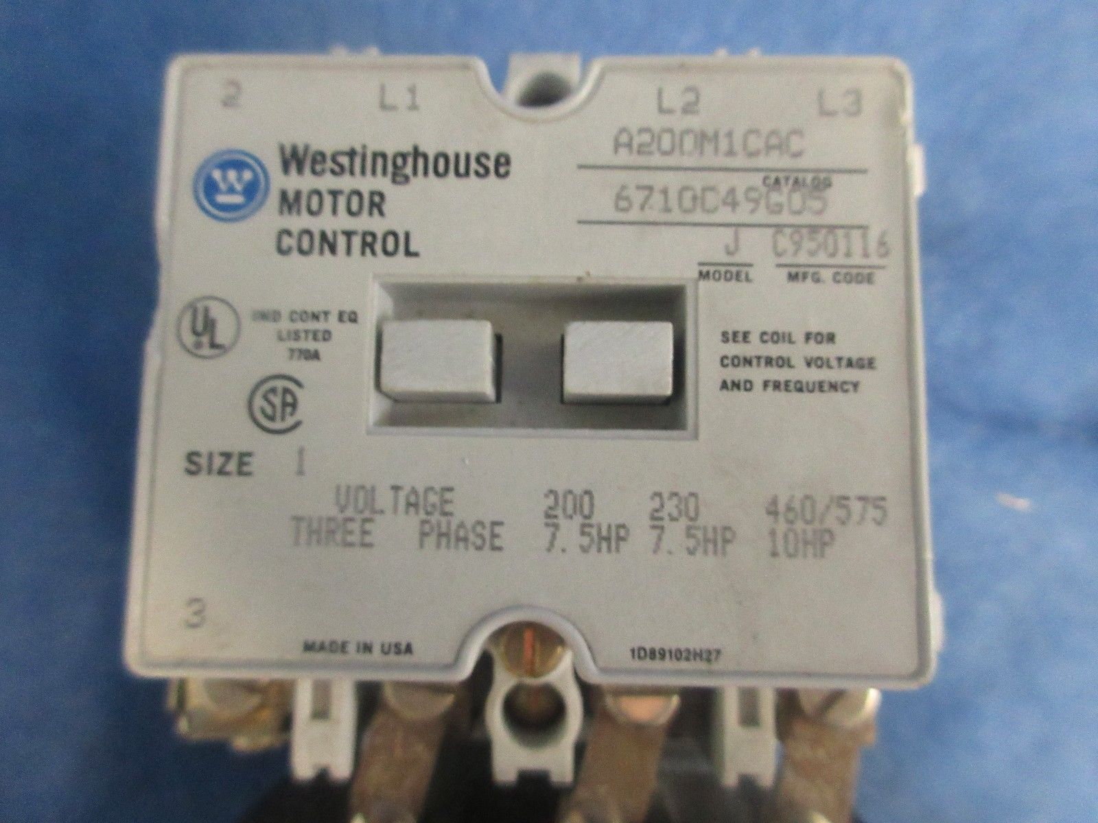 WESTINGHOUSE MODEL J SIZE 1 MOTOR CONTROL A200M1CAC 