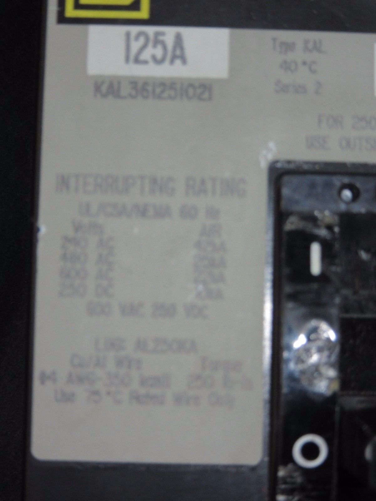 Square D 125 AMP Circuit Breaker Cat# KAL361251021 With Shunt Trip 