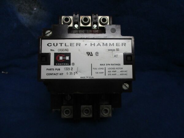 CUTLER HAMMER 3PH CONTACTOR C832JN6 SER B1 120V COIL 600Vac 